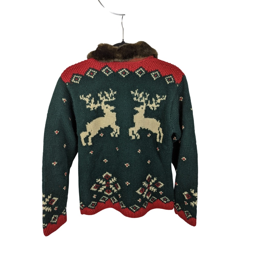 Lauren Ralph Lauren Hand Knit Wool Reindeer Faux Fur Zip Cardigan Green Red M - Picture 2 of 8